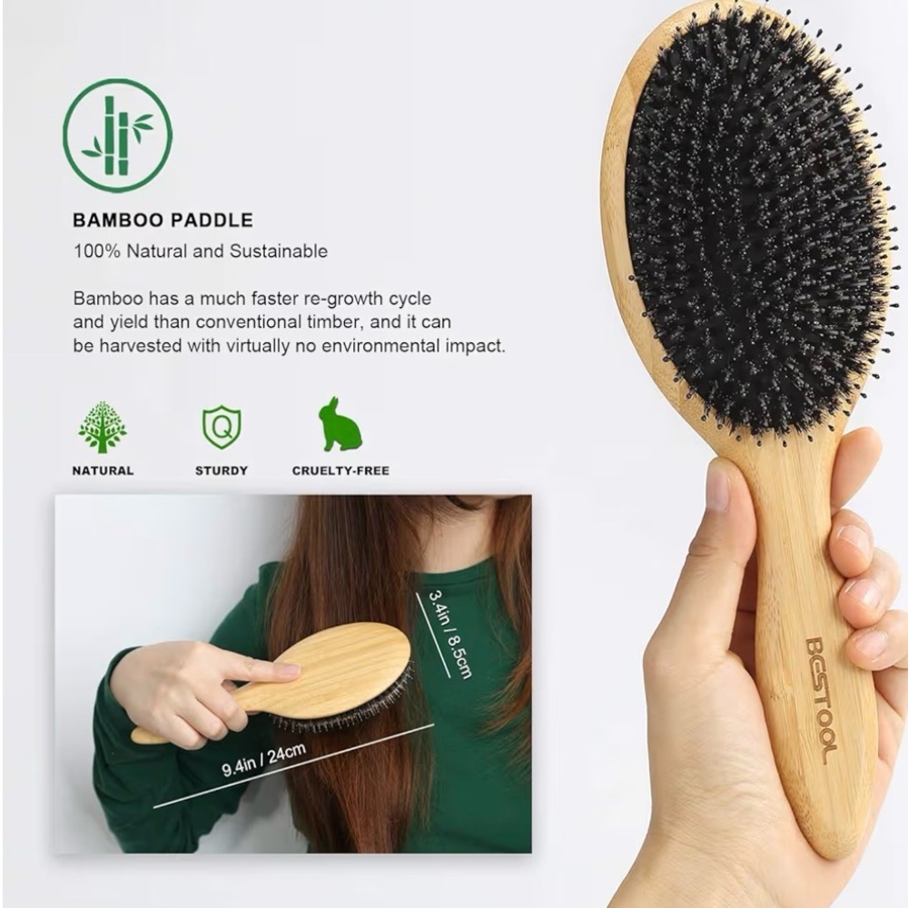 Bamboo Paddle Hair Brush with Black Bristles - Pink Cleaner - Picture 3 of 6